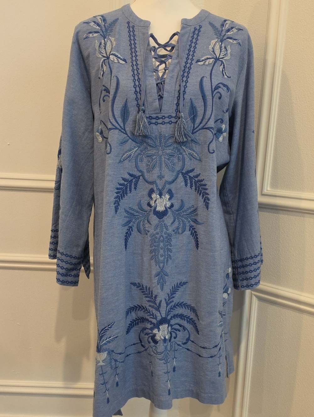 Johnny Was Paulina Light Blue Embroidered Lace-Up Dress NWT SZ M